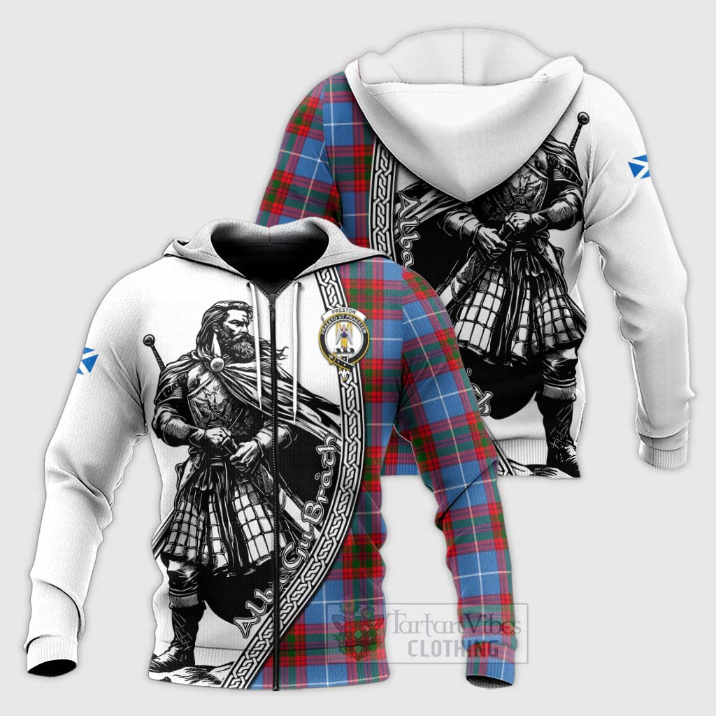 Tartan Vibes Clothing Preston Tartan Clan Crest Knitted Hoodie with Highlander Warrior Celtic Style