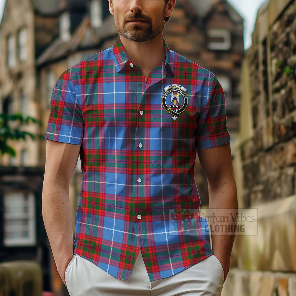 Tartan Vibes Clothing Preston Tartan Short Sleeve Button Shirt with Family Crest and Bearded Skull Holding Bottles of Whiskey