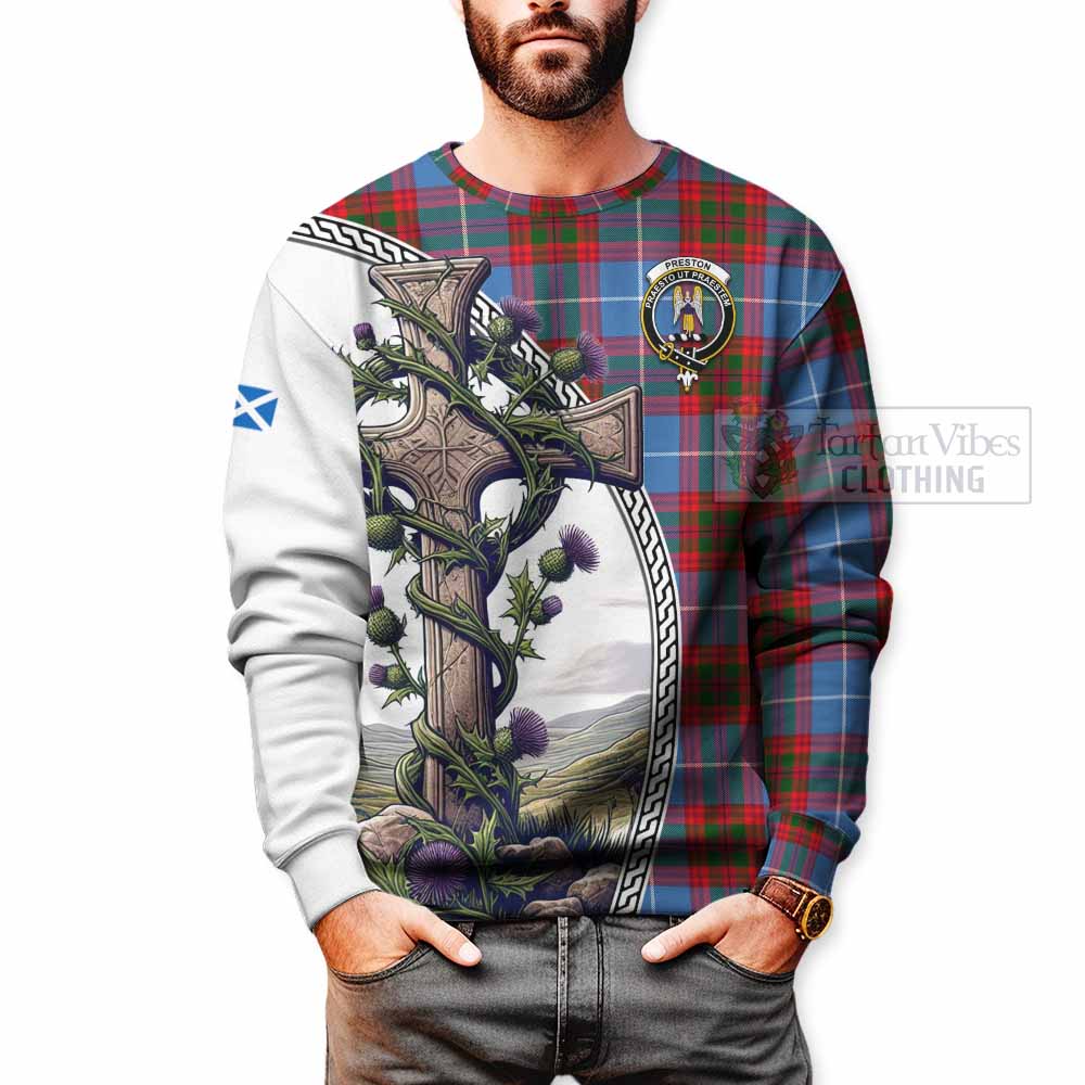 Tartan Vibes Clothing Preston Tartan Sweatshirt with Family Crest and St. Andrew's Cross Accented by Thistle Vines