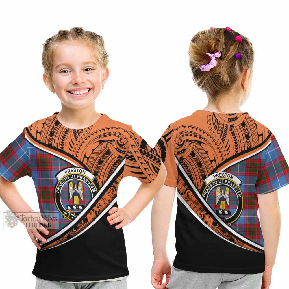 Tartan Vibes Clothing Preston Crest Tartan Kid T-Shirt with Maori Tattoo Style - Orange Version