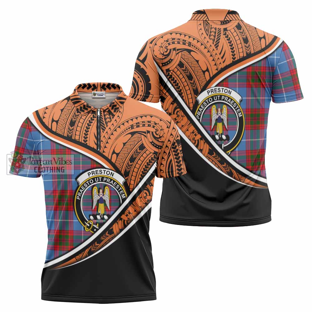 Tartan Vibes Clothing Preston Crest Tartan Zipper Polo Shirt with Maori Tattoo Style - Orange Version