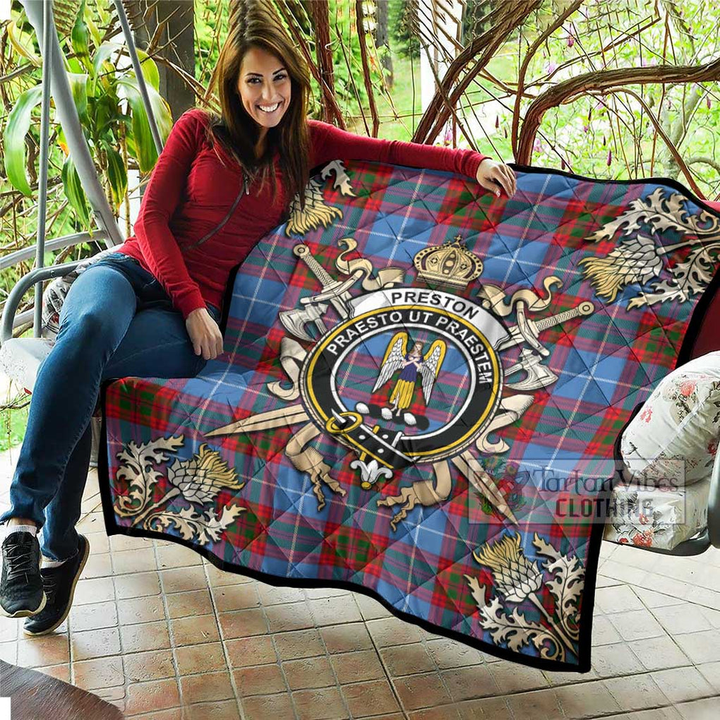 Tartan Vibes Clothing Preston Tartan Quilt with Family Crest and Scottish Golden Courage Shield