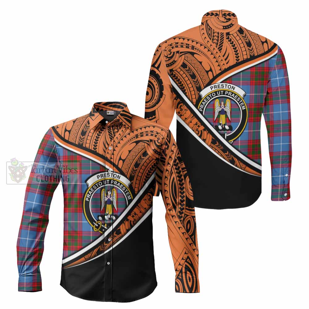 Tartan Vibes Clothing Preston Crest Tartan Long Sleeve Button Shirt with Maori Tattoo Style - Orange Version