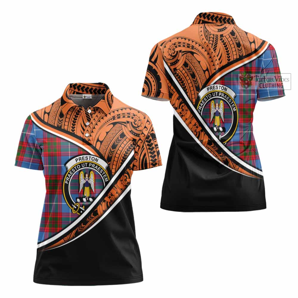 Tartan Vibes Clothing Preston Crest Tartan Women's Polo Shirt with Maori Tattoo Style - Orange Version