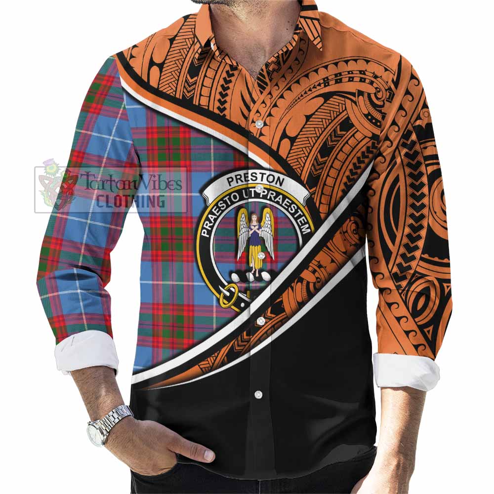 Tartan Vibes Clothing Preston Crest Tartan Long Sleeve Button Shirt with Maori Tattoo Style - Orange Version