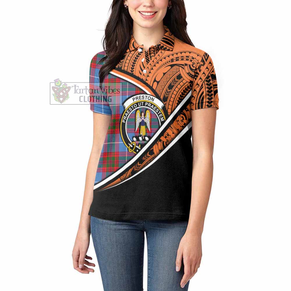 Tartan Vibes Clothing Preston Crest Tartan Women's Polo Shirt with Maori Tattoo Style - Orange Version