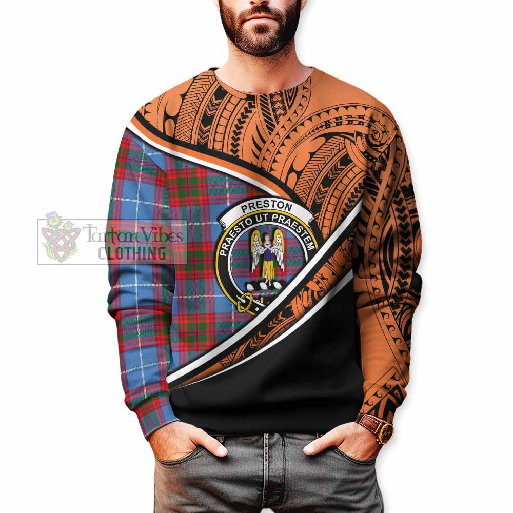 Tartan Vibes Clothing Preston Crest Tartan Sweatshirt with Maori Tattoo Style - Orange Version