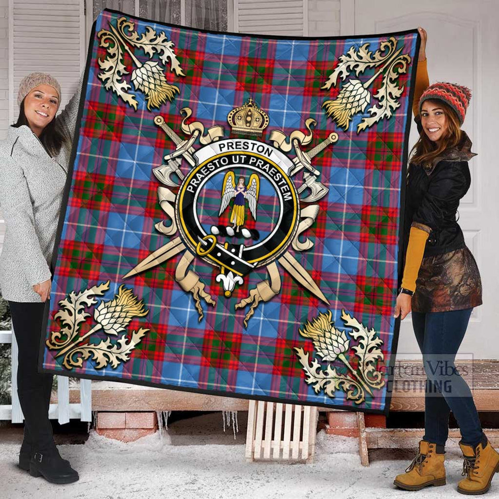 Tartan Vibes Clothing Preston Tartan Quilt with Family Crest and Scottish Golden Courage Shield