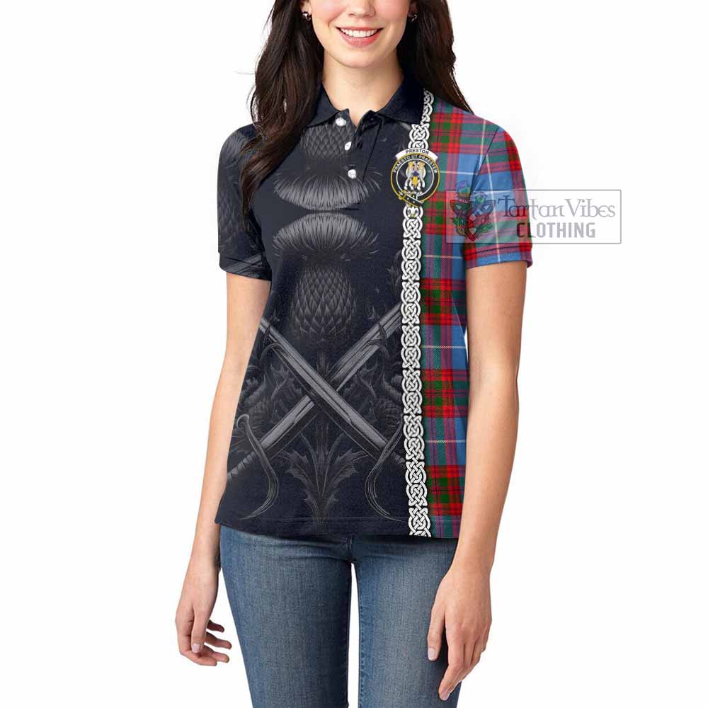 Tartan Vibes Clothing Preston Tartan Women's Polo Shirt with Family Crest Cross Sword Thistle Celtic Vibes