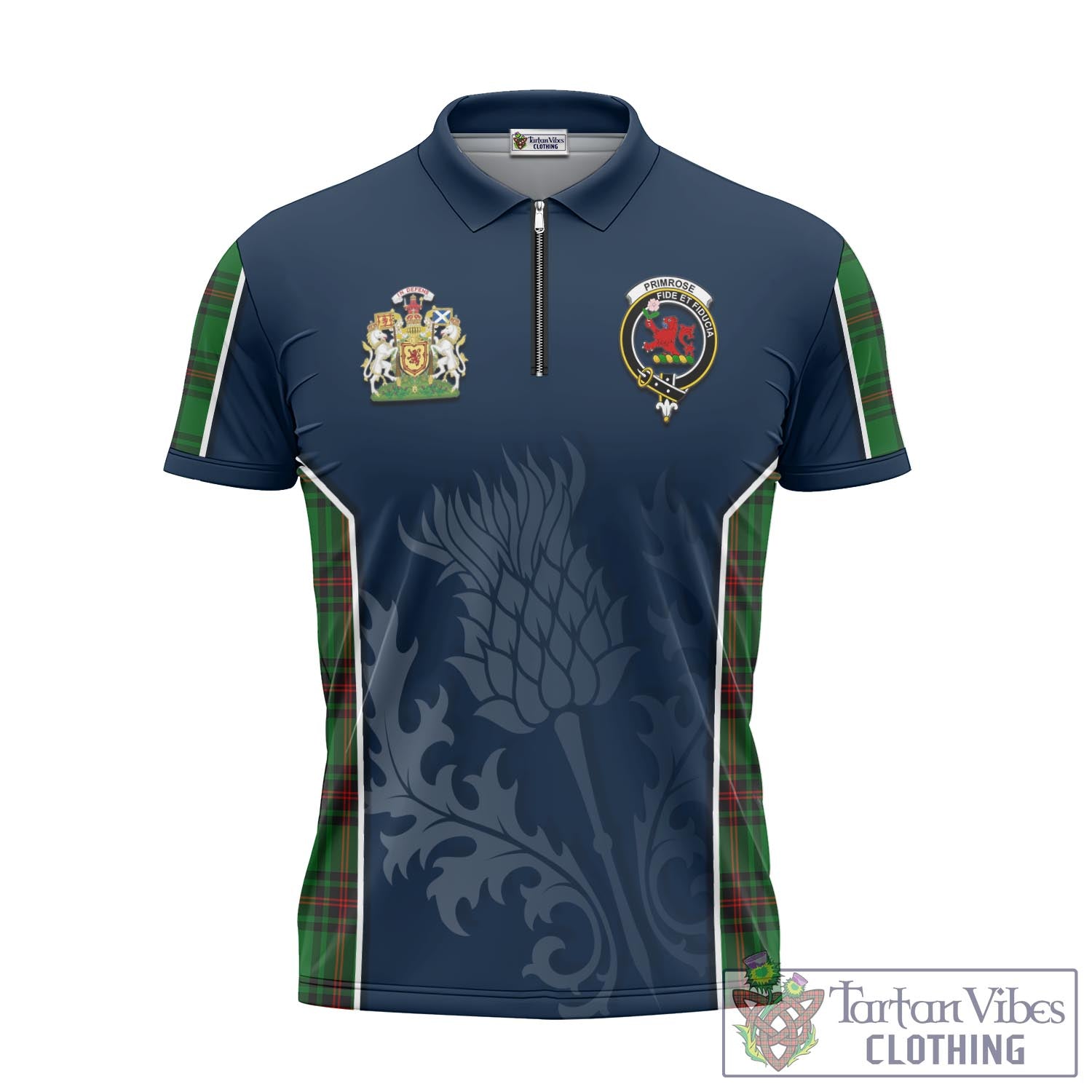 Tartan Vibes Clothing Primrose Tartan Zipper Polo Shirt with Family Crest and Scottish Thistle Vibes Sport Style