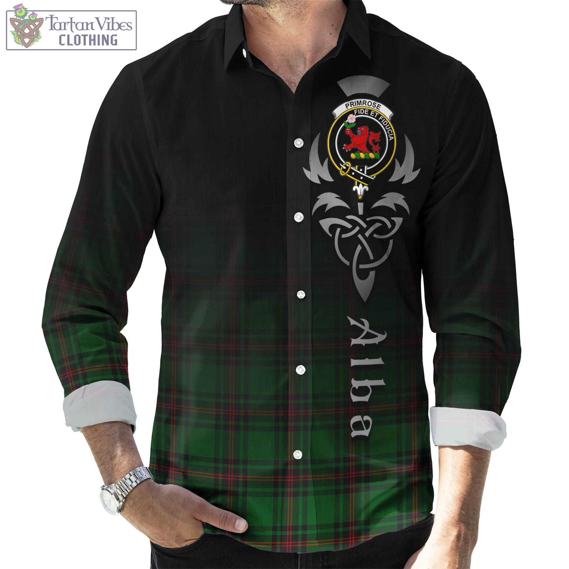 Tartan Vibes Clothing Primrose Tartan Long Sleeve Button Up Featuring Alba Gu Brath Family Crest Celtic Inspired