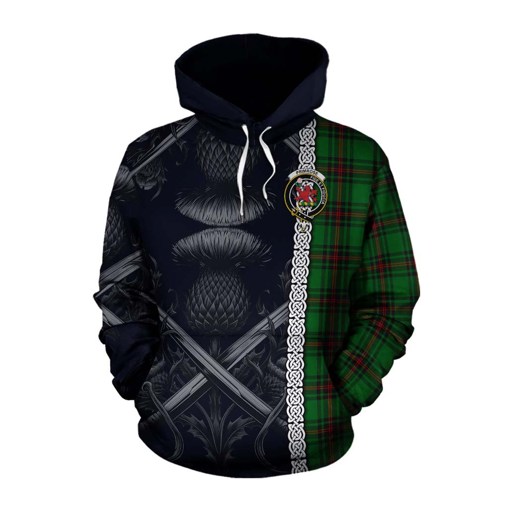 Tartan Vibes Clothing Primrose Tartan Cotton Hoodie with Family Crest Cross Sword Thistle Celtic Vibes