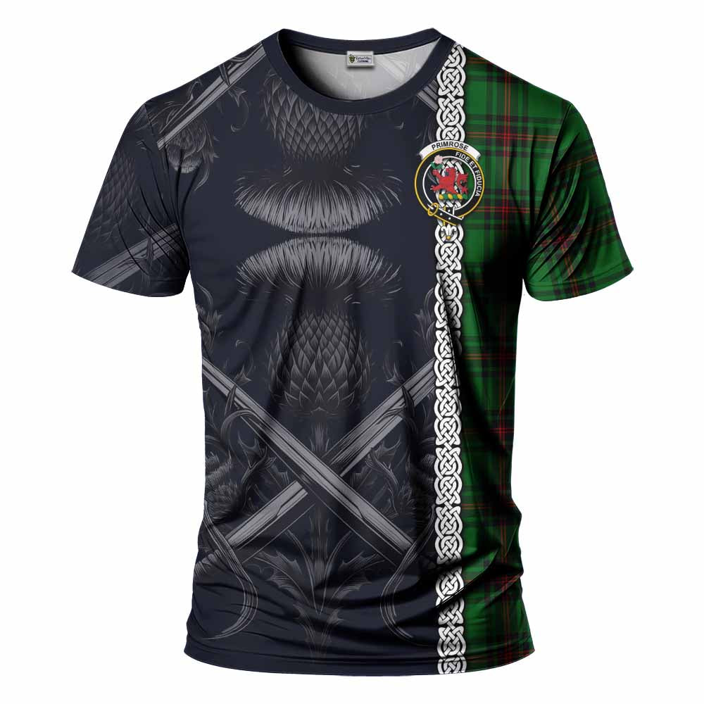 Tartan Vibes Clothing Primrose Tartan T-Shirt with Family Crest Cross Sword Thistle Celtic Vibes