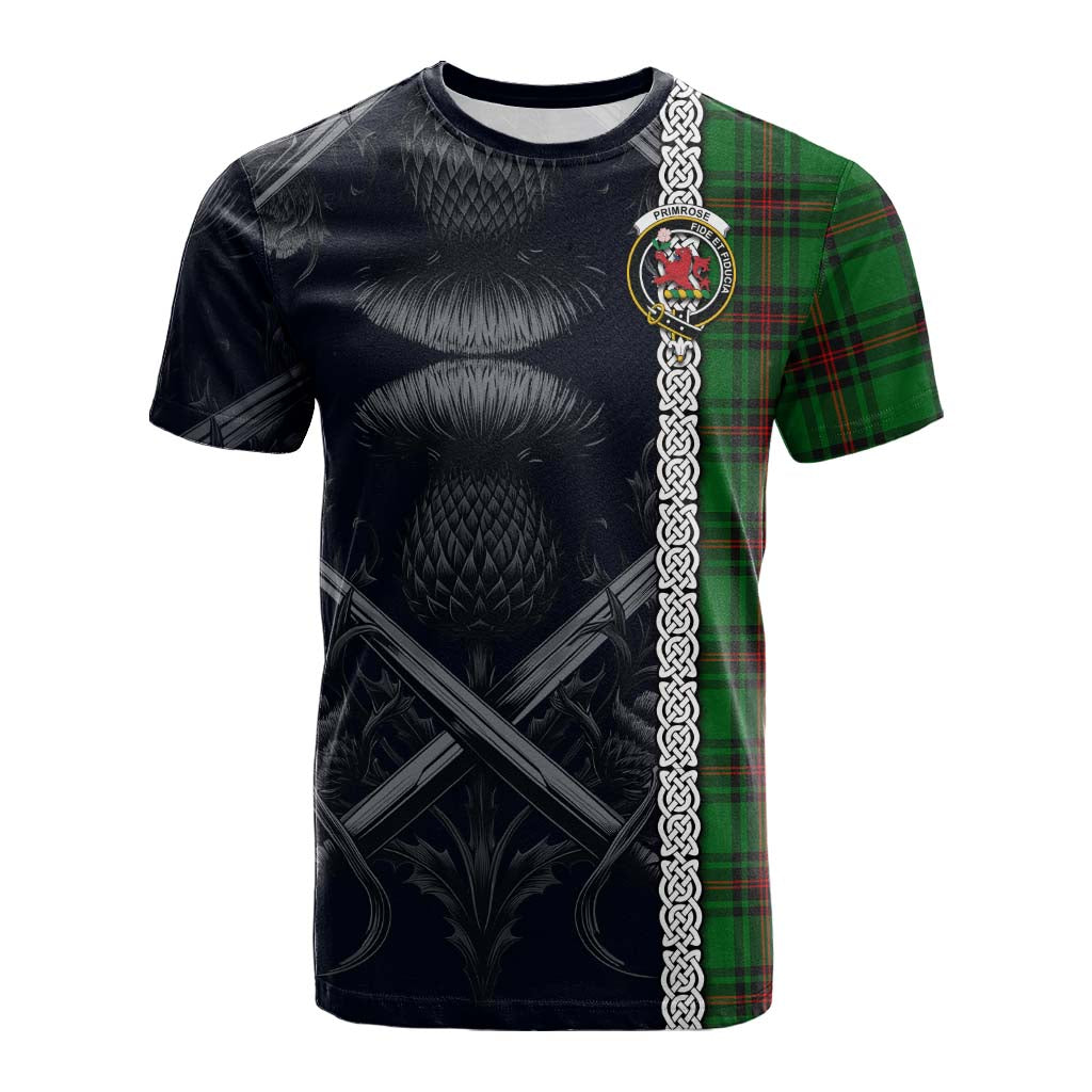 Tartan Vibes Clothing Primrose Tartan Cotton T-shirt with Family Crest Cross Sword Thistle Celtic Vibes