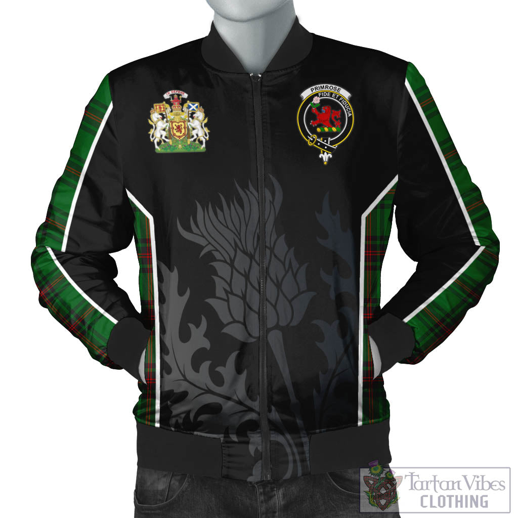 Tartan Vibes Clothing Primrose Tartan Bomber Jacket with Family Crest and Scottish Thistle Vibes Sport Style