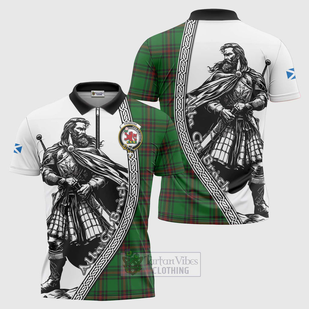 Tartan Vibes Clothing Primrose Tartan Clan Crest Zipper Polo Shirt with Highlander Warrior Celtic Style