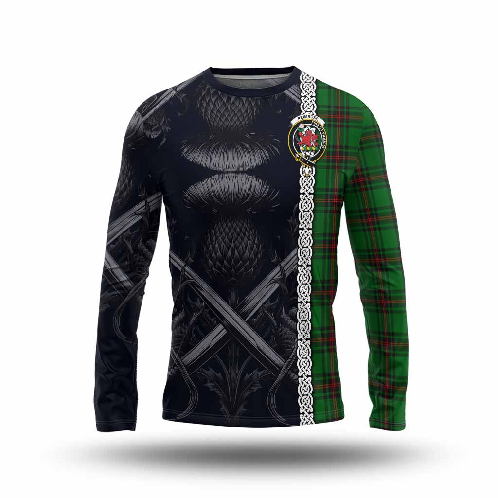 Tartan Vibes Clothing Primrose Tartan Long Sleeve T-Shirt with Family Crest Cross Sword Thistle Celtic Vibes