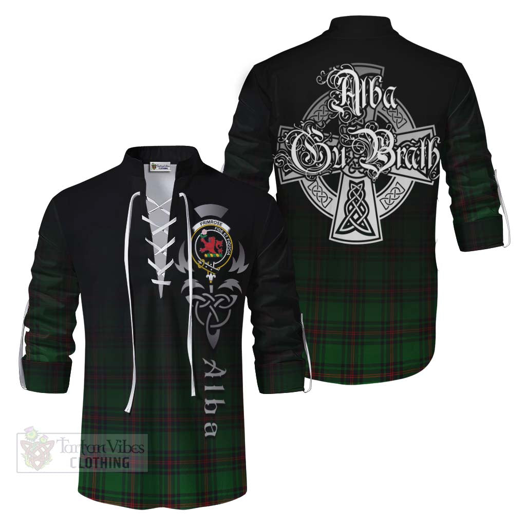 Tartan Vibes Clothing Primrose Tartan Ghillie Kilt Shirt Featuring Alba Gu Brath Family Crest Celtic Inspired