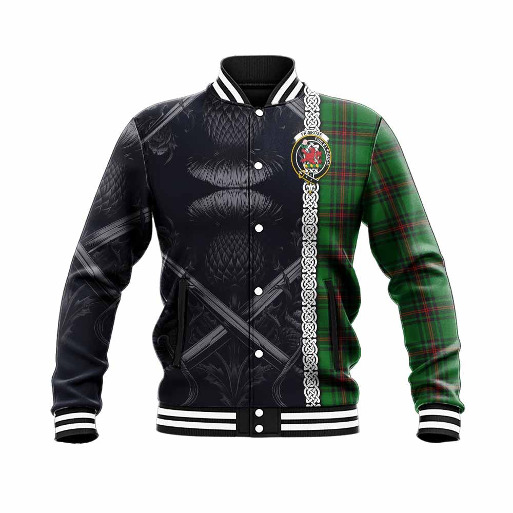 Tartan Vibes Clothing Primrose Tartan Baseball Jacket with Family Crest Cross Sword Thistle Celtic Vibes