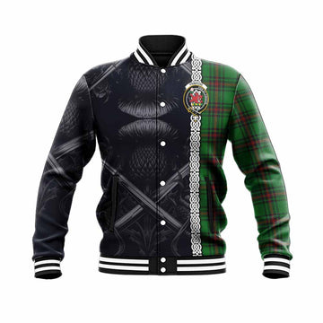 Primrose Tartan Baseball Jacket with Family Crest Cross Sword Thistle Celtic Vibes