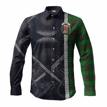 Primrose Tartan Long Sleeve Button Shirt with Family Crest Cross Sword Thistle Celtic Vibes