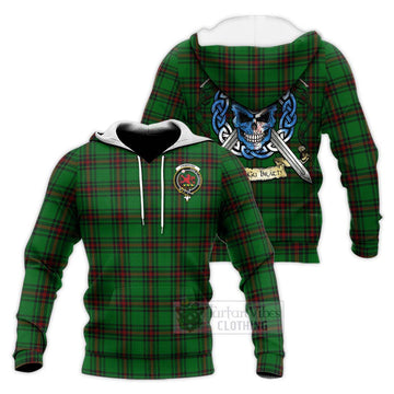 Primrose Tartan Knitted Hoodie with Family Crest Celtic Skull Style