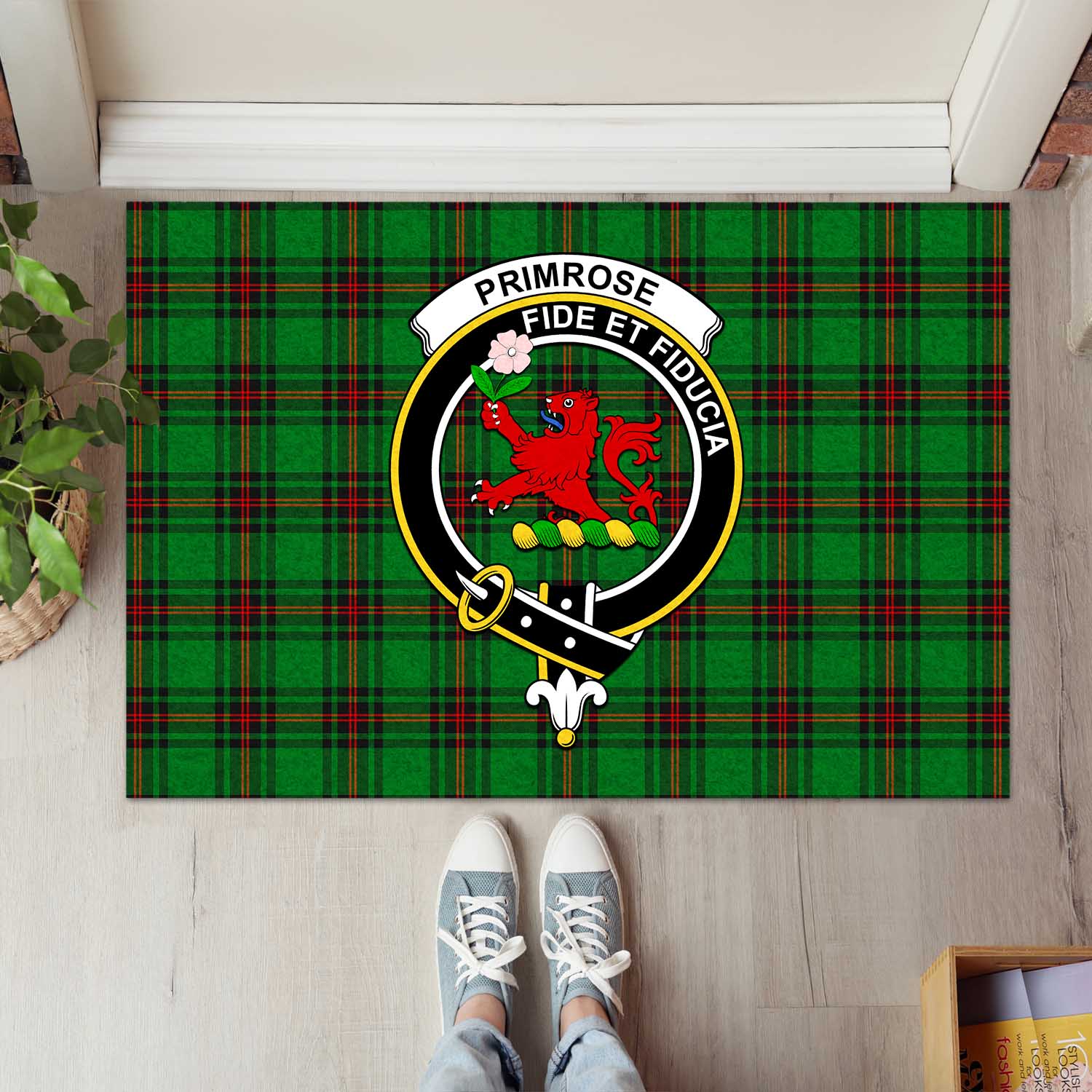 Primrose Tartan Door Mat with Family Crest - Tartanvibesclothing