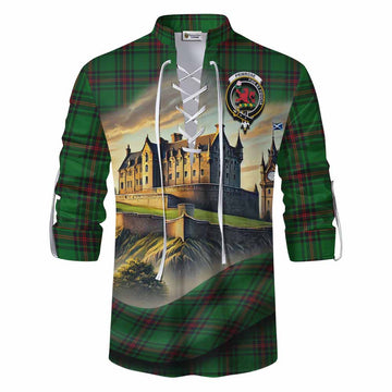Primrose Tartan Family Crest Ghillie Kilt Shirt with Scottish Ancient Castle Style Men - Tartan Vibes Clothing