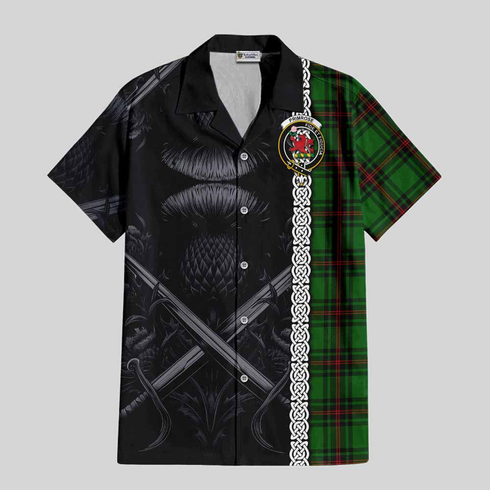 Tartan Vibes Clothing Primrose Tartan Short Sleeve Button Shirt with Family Crest Cross Sword Thistle Celtic Vibes