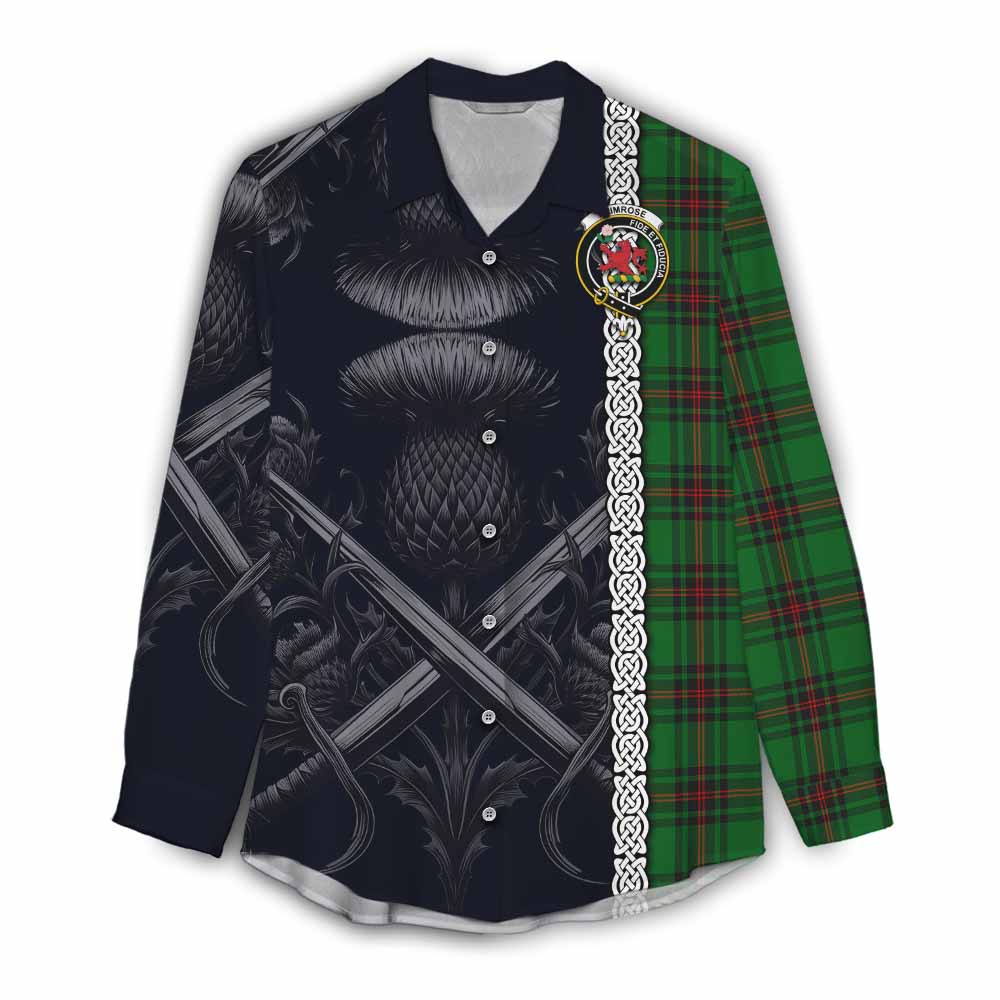 Tartan Vibes Clothing Primrose Tartan Women's Casual Shirt with Family Crest Cross Sword Thistle Celtic Vibes