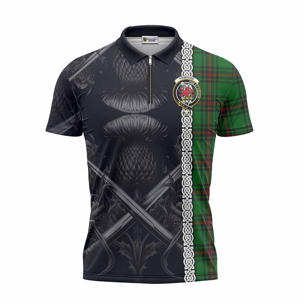 Tartan Vibes Clothing Primrose Tartan Zipper Polo Shirt with Family Crest Cross Sword Thistle Celtic Vibes