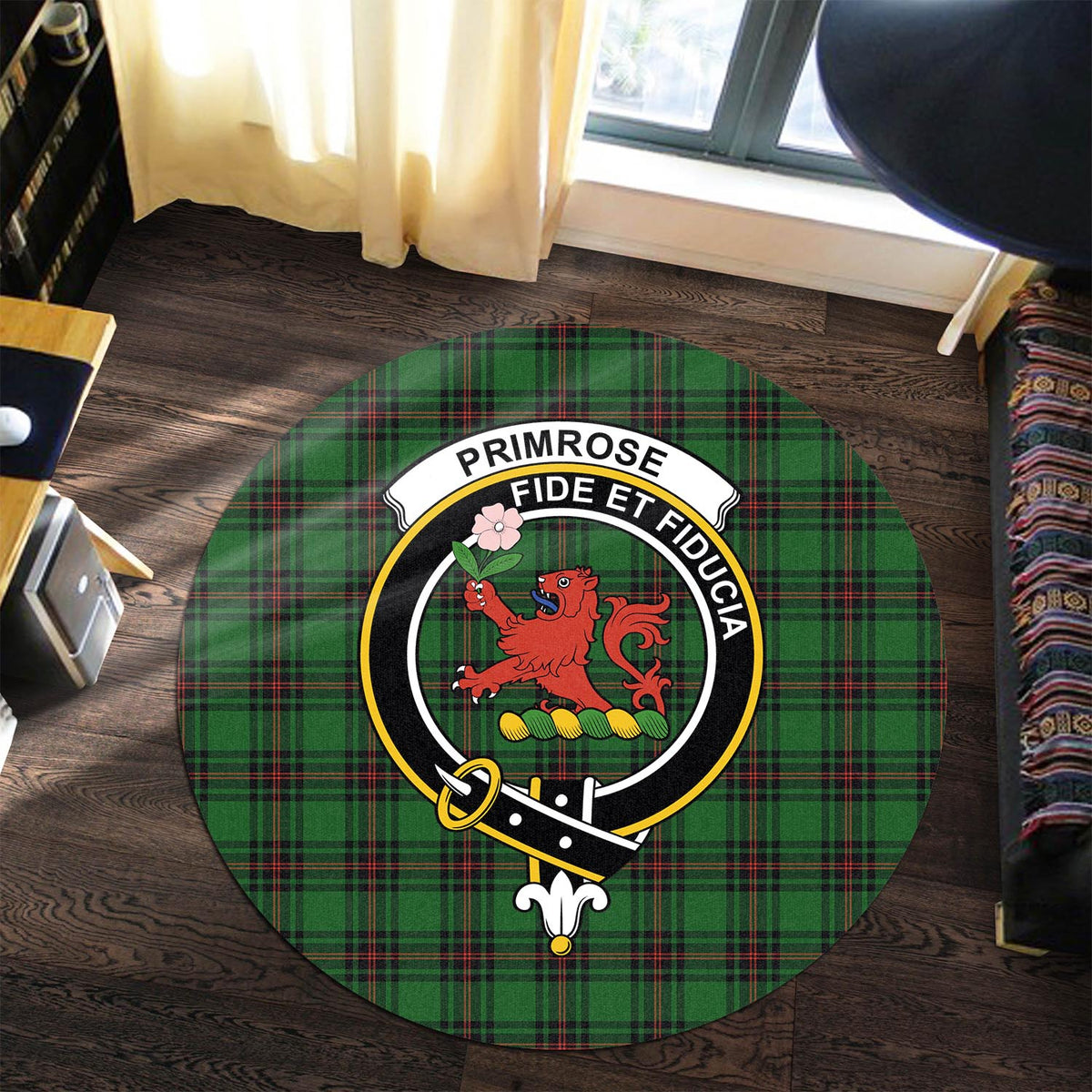 Primrose Tartan Round Rug with Family Crest Premium Round Rug - Tartan Vibes Clothing
