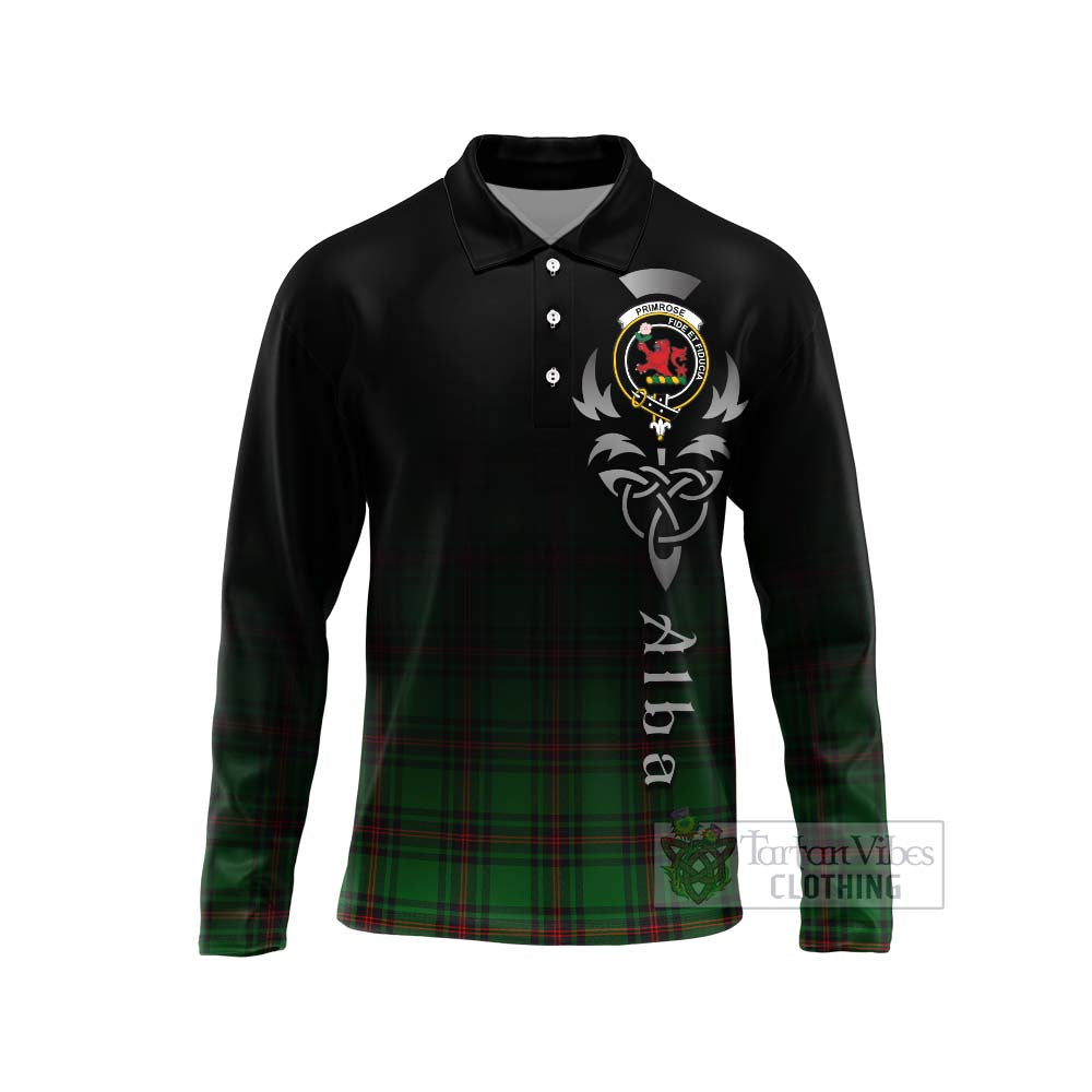 Tartan Vibes Clothing Primrose Tartan Long Sleeve Polo Shirt Featuring Alba Gu Brath Family Crest Celtic Inspired