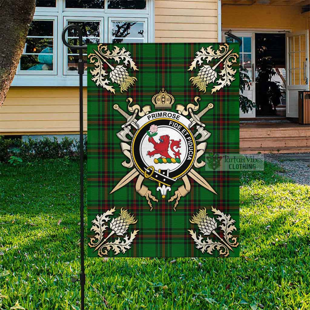 Tartan Vibes Clothing Primrose Tartan Flag with Family Crest and Golden Thistle Crossed Sword Design