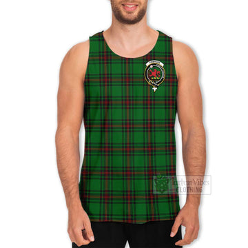 Primrose Tartan Men's Tank Top with Family Crest and Bearded Skull Holding Bottles of Whiskey