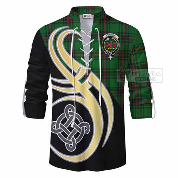 Primrose Tartan Ghillie Kilt Shirt with Family Crest and Celtic Symbol Style