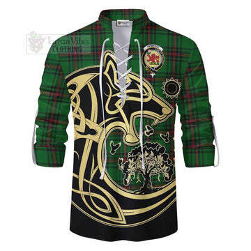 Primrose Tartan Ghillie Kilt Shirt with Family Crest Celtic Wolf Style