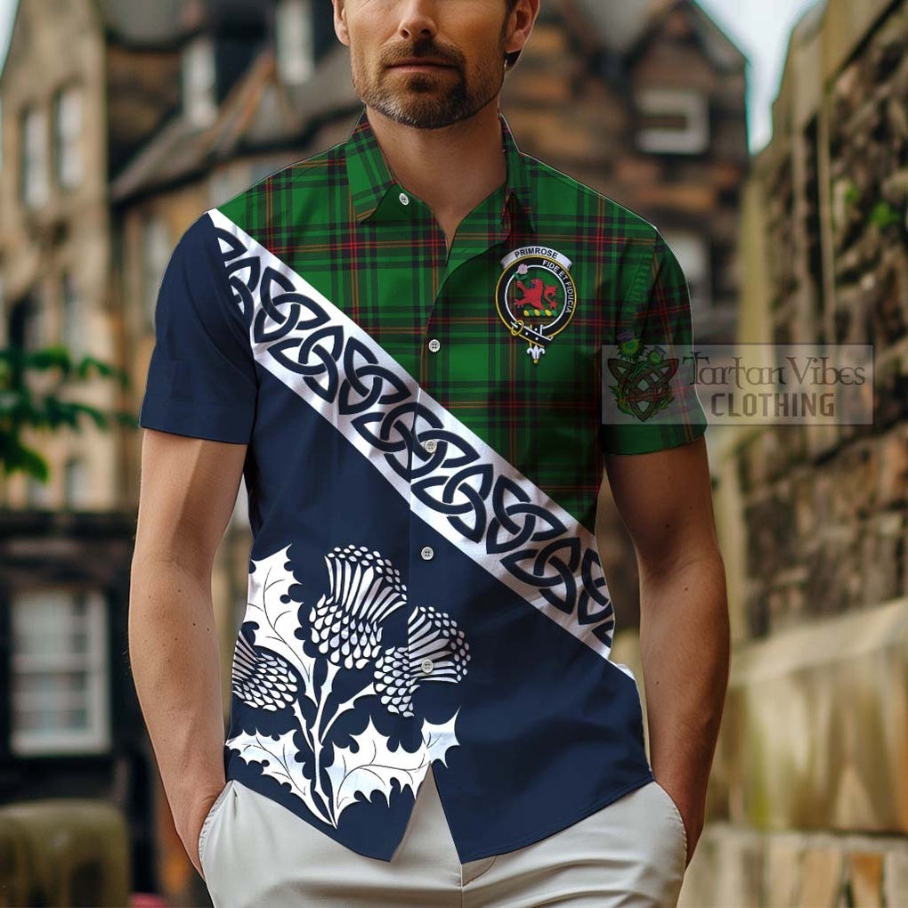 Tartan Vibes Clothing Primrose Tartan Short Sleeve Button Shirt Featuring Thistle and Scotland Map