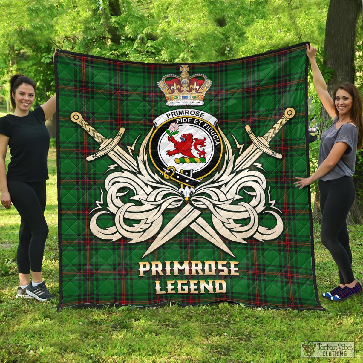 Tartan Vibes Clothing Primrose Tartan Quilt with Clan Crest and the Golden Sword of Courageous Legacy