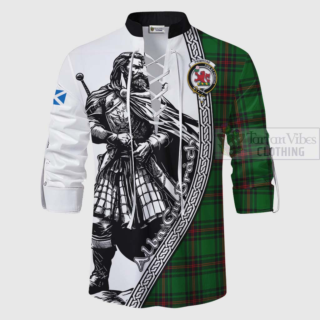 Tartan Vibes Clothing Primrose Tartan Clan Crest Ghillie Kilt Shirt with Highlander Warrior Celtic Style