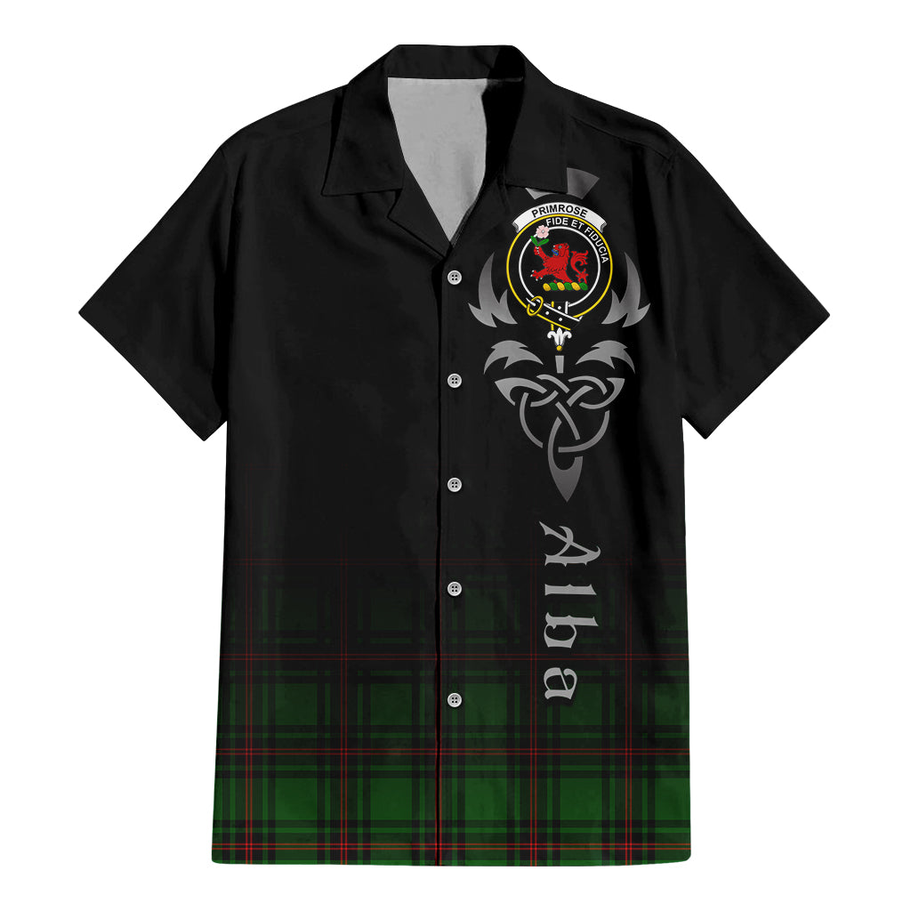 Tartan Vibes Clothing Primrose Tartan Short Sleeve Button Up Featuring Alba Gu Brath Family Crest Celtic Inspired