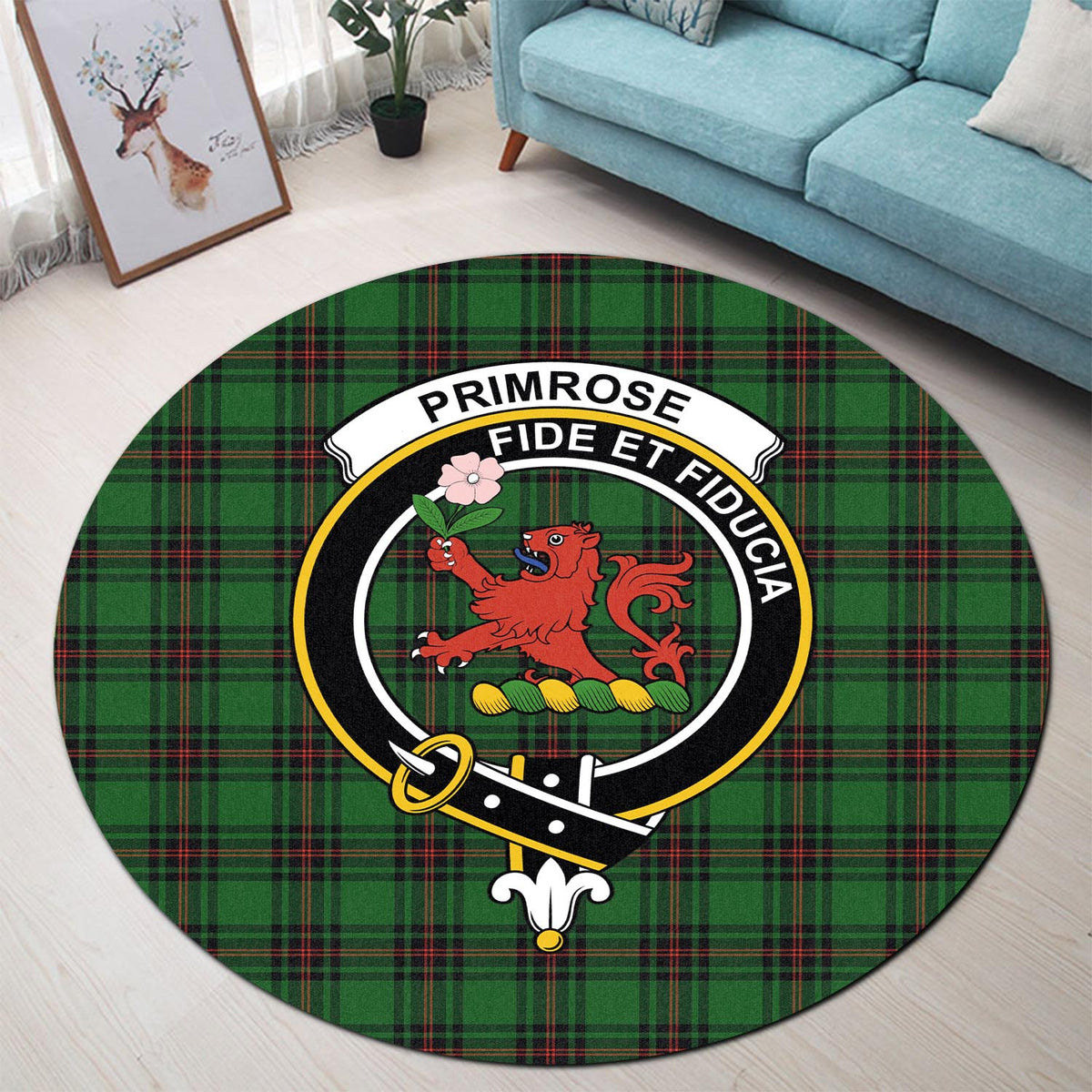 Primrose Tartan Round Rug with Family Crest - Tartan Vibes Clothing