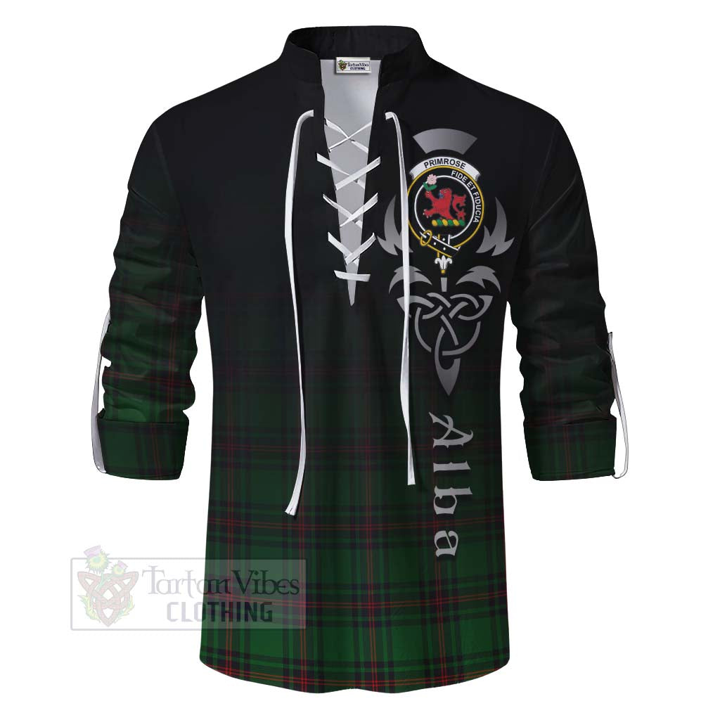 Tartan Vibes Clothing Primrose Tartan Ghillie Kilt Shirt Featuring Alba Gu Brath Family Crest Celtic Inspired