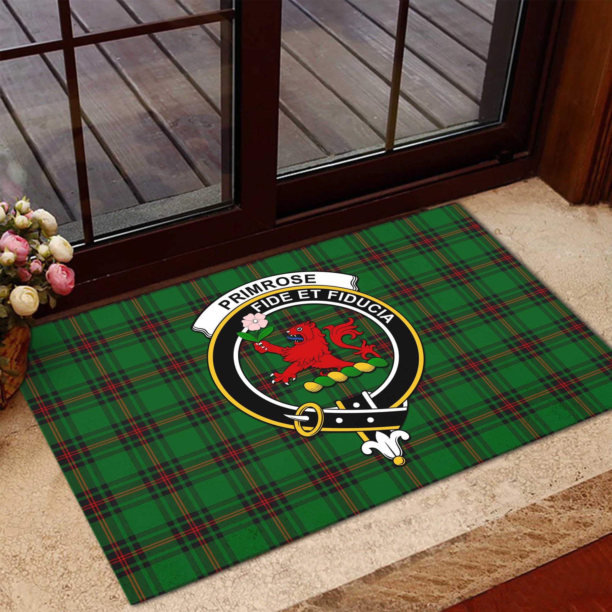 Primrose Tartan Door Mat with Family Crest - Tartanvibesclothing