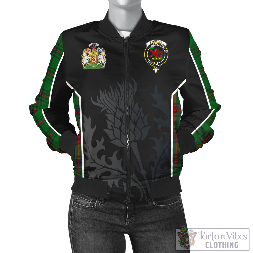 Tartan Vibes Clothing Primrose Tartan Bomber Jacket with Family Crest and Scottish Thistle Vibes Sport Style