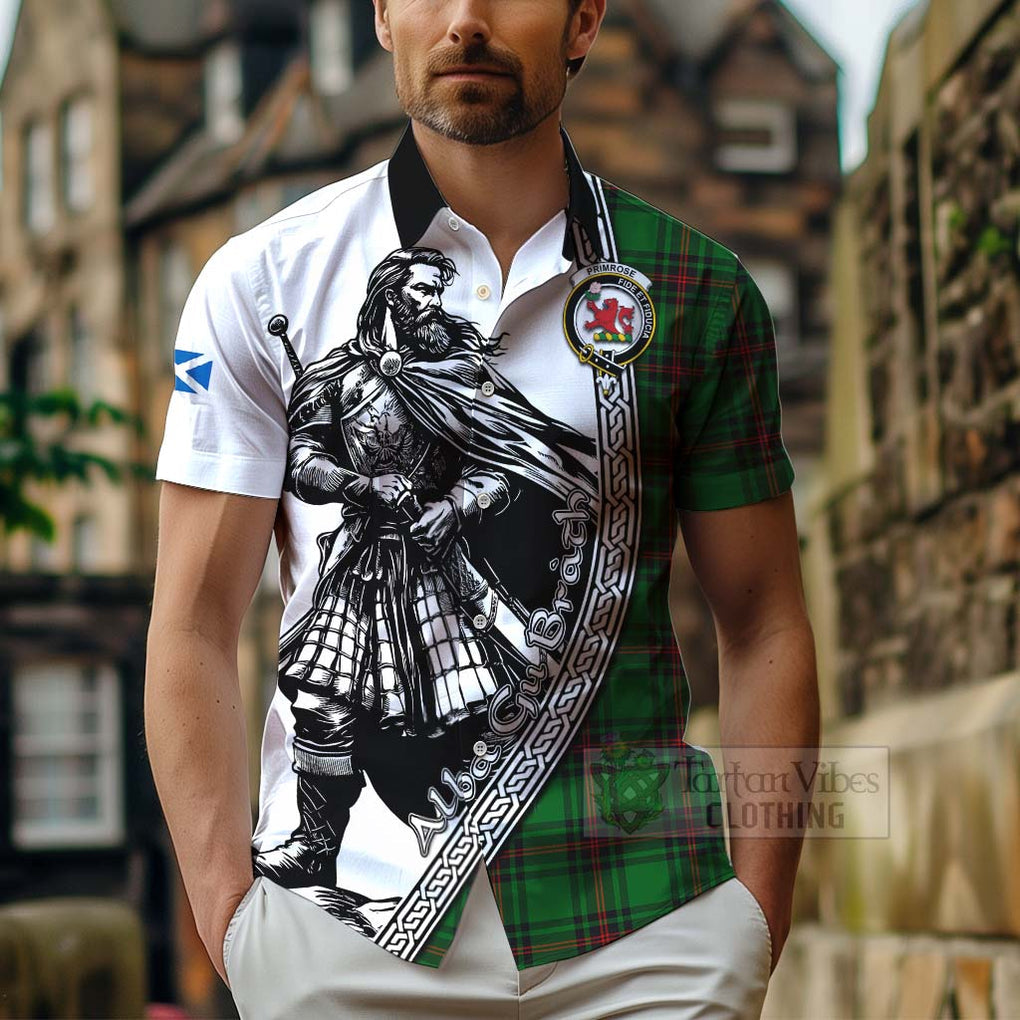 Tartan Vibes Clothing Primrose Tartan Clan Crest Short Sleeve Button Shirt with Highlander Warrior Celtic Style