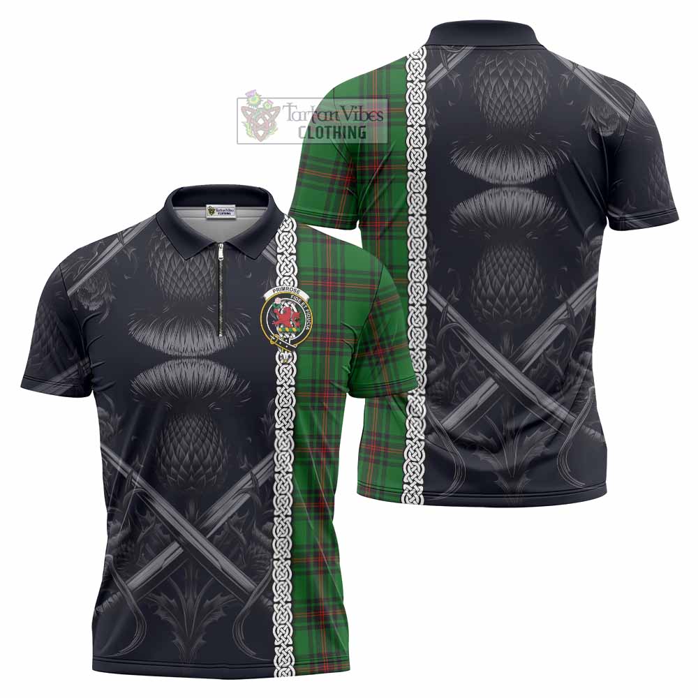 Tartan Vibes Clothing Primrose Tartan Zipper Polo Shirt with Family Crest Cross Sword Thistle Celtic Vibes