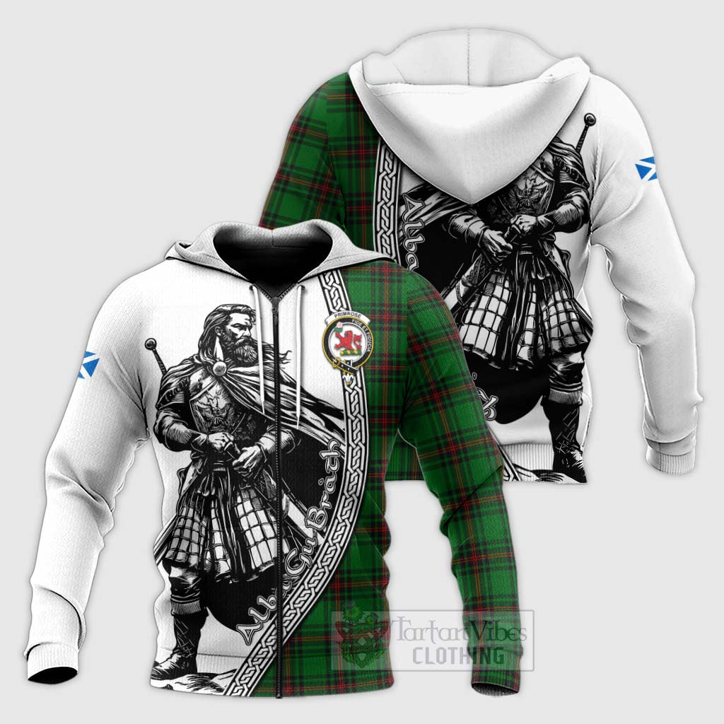 Tartan Vibes Clothing Primrose Tartan Clan Crest Knitted Hoodie with Highlander Warrior Celtic Style