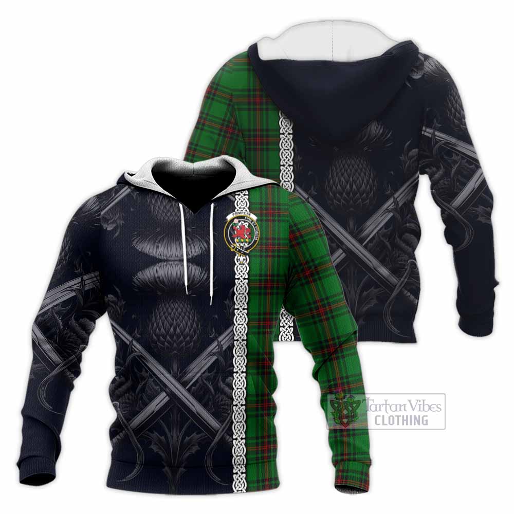 Tartan Vibes Clothing Primrose Tartan Knitted Hoodie with Family Crest Cross Sword Thistle Celtic Vibes