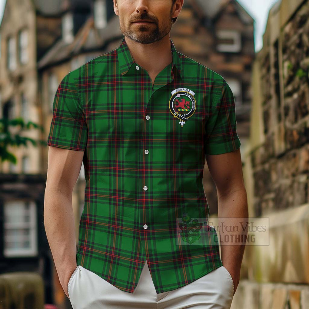 Tartan Vibes Clothing Primrose Tartan Short Sleeve Button Shirt with Family Crest Celtic Skull Style